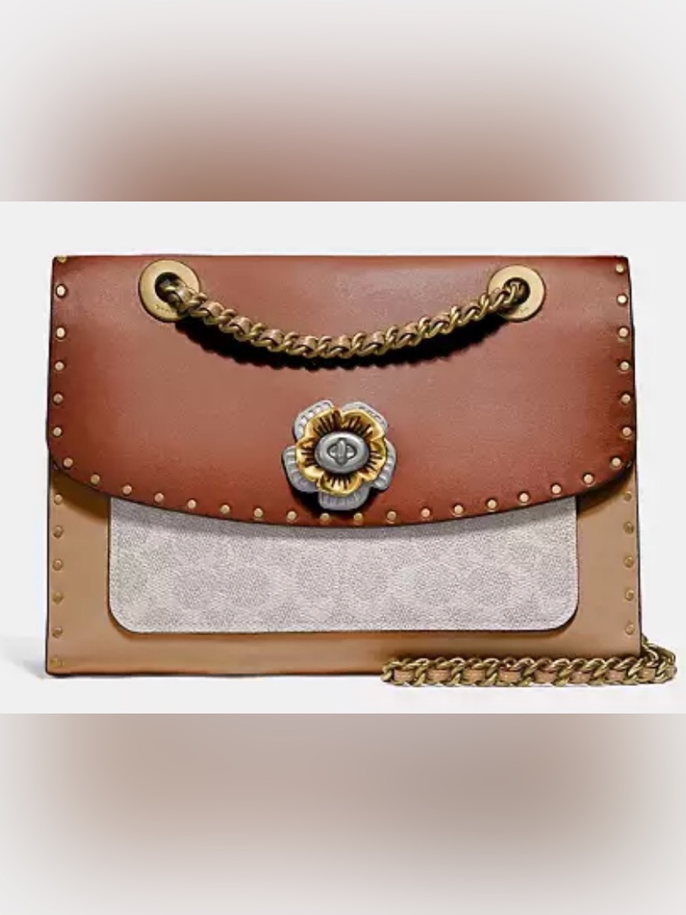 Coach Signature Parker w/Rivets/Snakeskin/Tea Rose - Brass/Chalk Rust Multi
